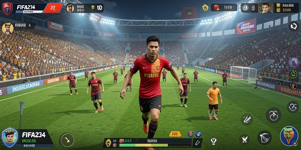 Screenshot utama FIFA234 menampilkan tim sepak bola dalam aksi gameplay Idle.
