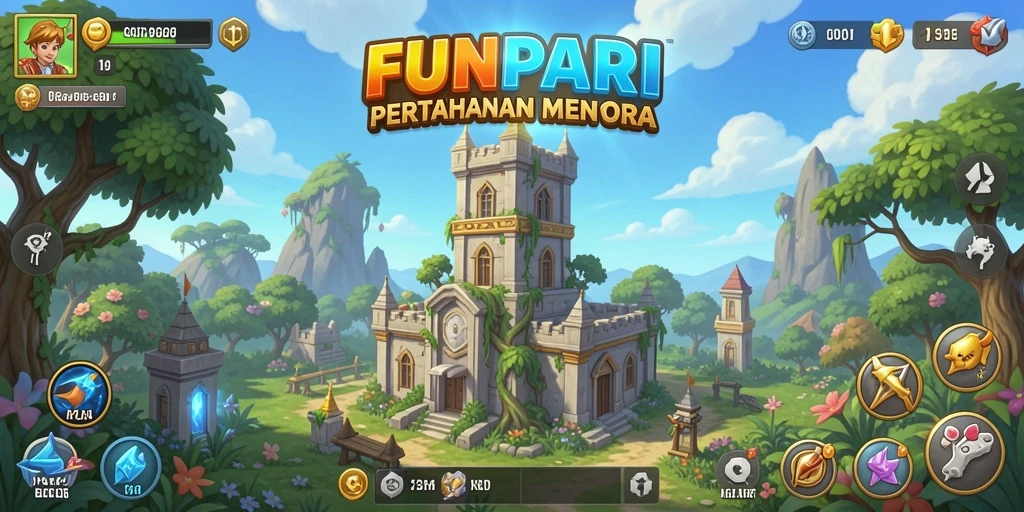 Screenshot permainan yang menampilkan serangan menara Tower Defense.
