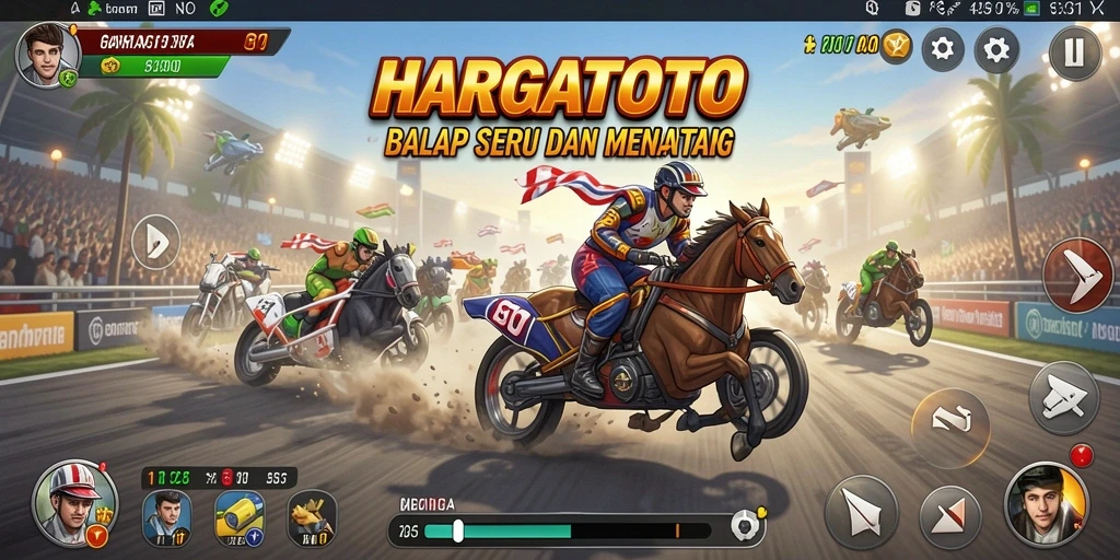 Tampilan seru balapan HARGATOTO dengan berbagai lintasan dan kendaraan.