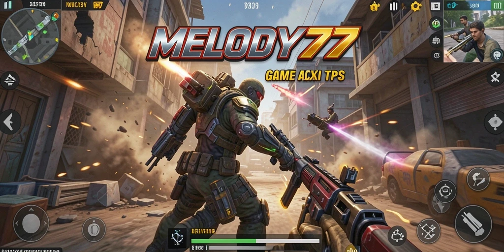 Screenshot utama gameplay MELODY77 menampilkan aksi seru di medan perang.