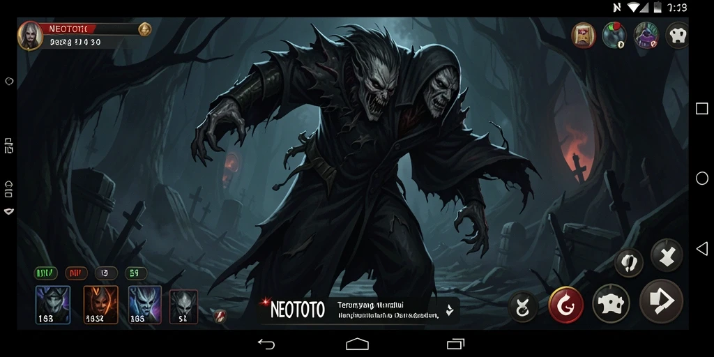 Screenshot gameplay NEOTOTO yang menampilkan suasana kegelapan dan ketegangan.