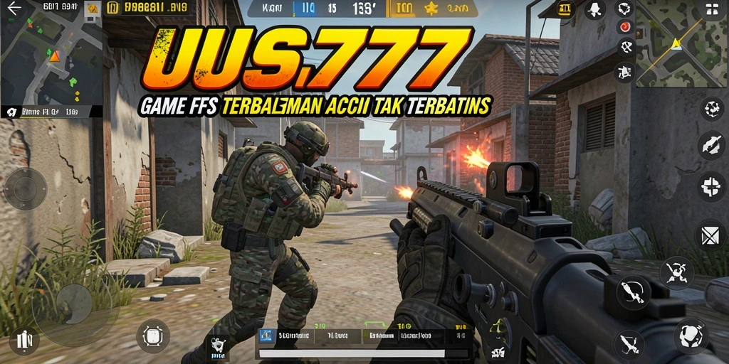 Screenshot utama UUS777 menampilkan aksi mendebarkan dalam pertempuran FPS.